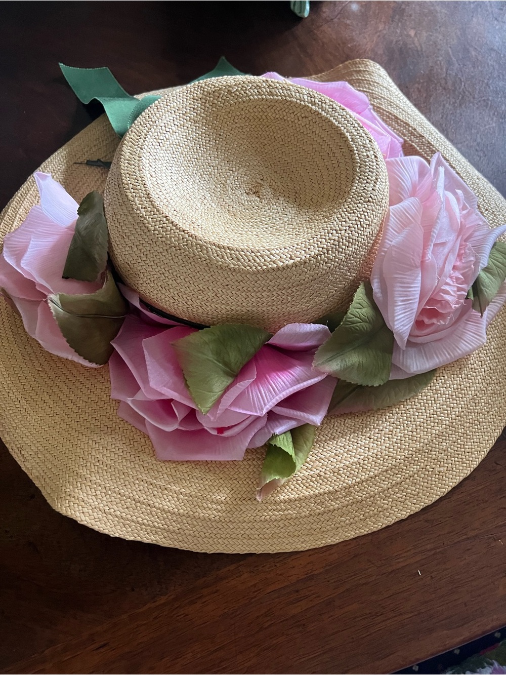 Vintage Mr. John Jr. Wide Brim Straw Hat with Pink Silk flowers